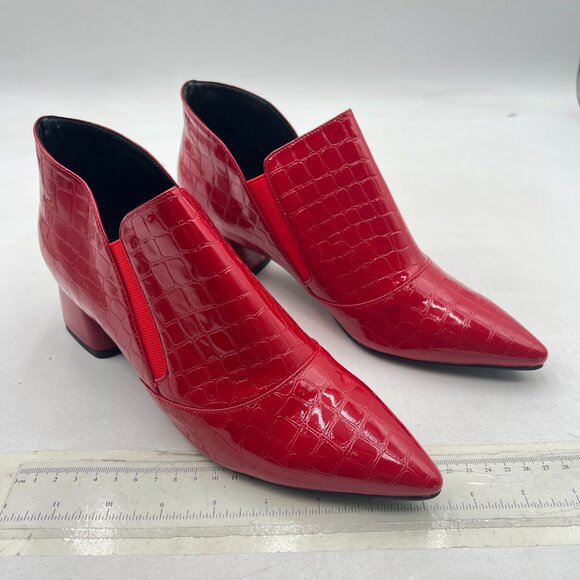 YDN Red Sexy Pointed Toe Ankle Boots Chunky Low Heel Boot Pull on Elastic Shoe - Picture 3 of 8